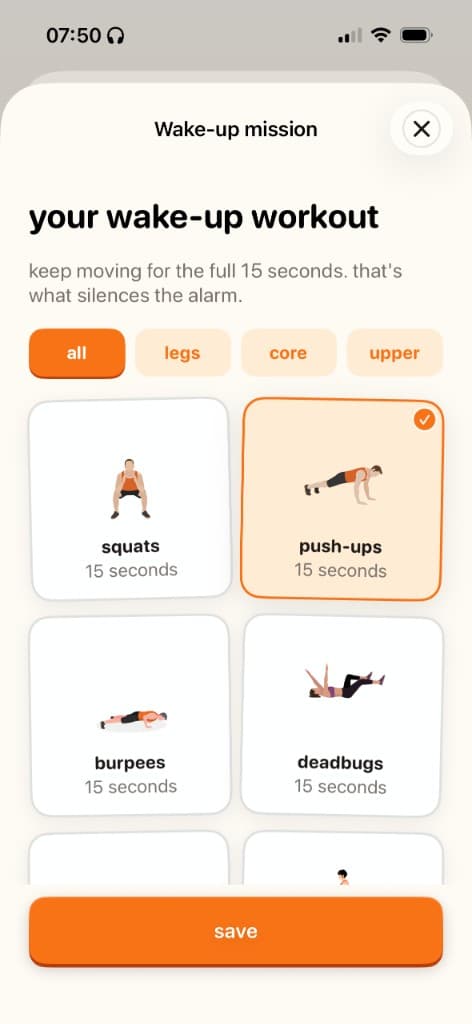 Awakefit wake-up mission screen letting you pick squats, push-ups, burpees, or deadbugs