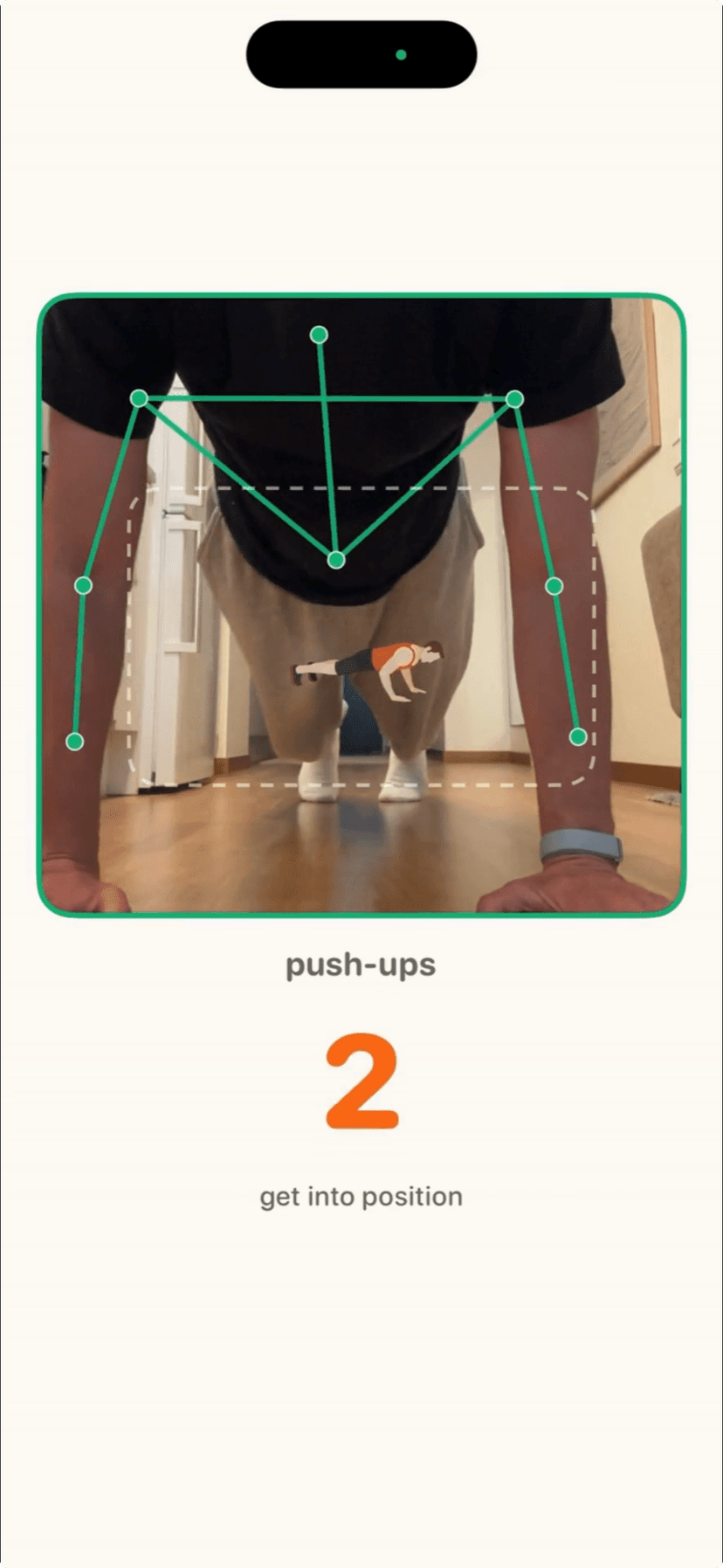 Awakefit push-up exercise screen with on-device pose tracking